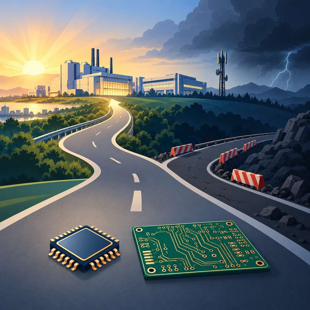 A decade horizon with fab, PCB factory and base-station silhouettes, and a road forking toward growth or barriers