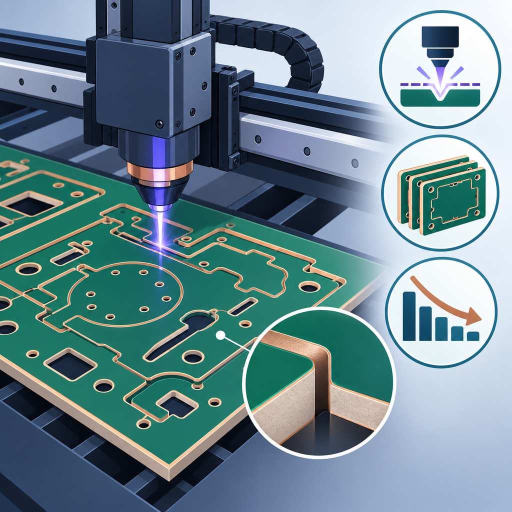 Laser cutting head tracing a fine profile kerf on a high-frequency laminate with micro-fabrication, repeatability and cost badges