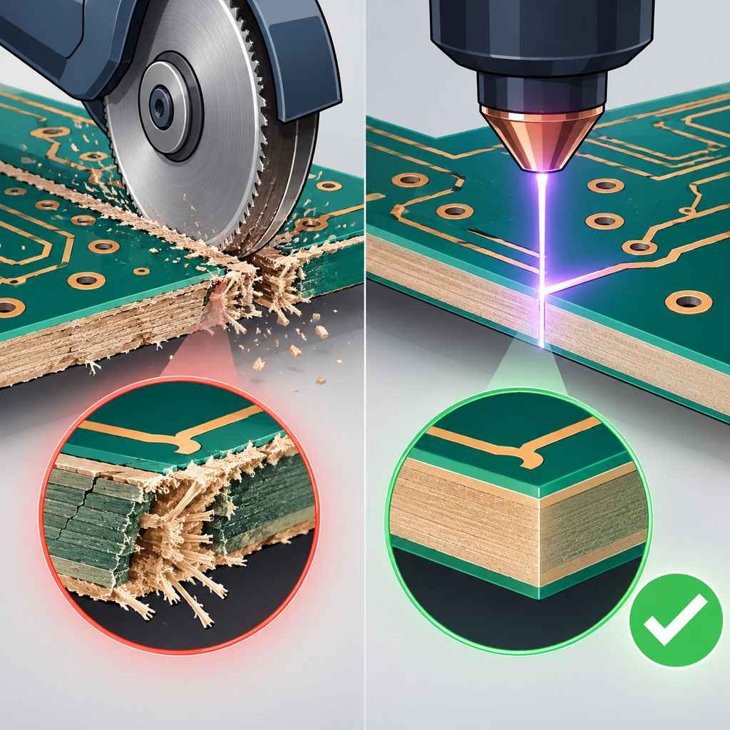 Mechanical cutting leaving a frayed cracked laminate edge compared with laser cutting producing a smooth clean edge