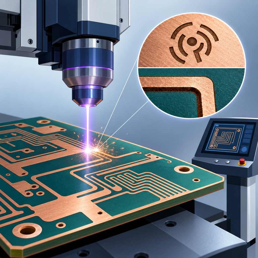 Laser engraving and marking head cutting trace patterns and traceability marks onto a high-frequency PCB