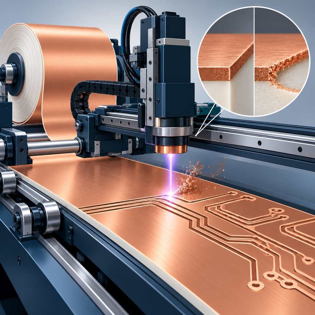 Laser etching machine cutting circuit patterns into a PTFE laminate with a magnified comparison of laser and chemical trace edges