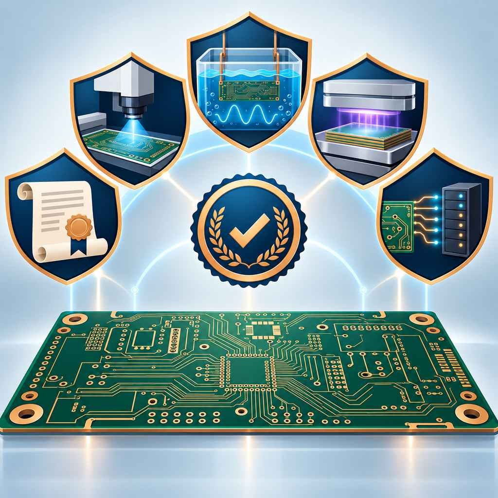 Five process standard badges for low-loss microwave PCB manufacturing covering material certification, imaging, etching, lamination and traceability