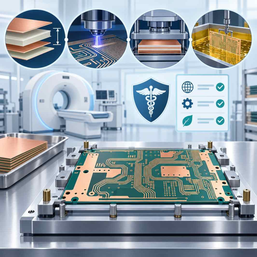 Four signal integrity technologies for medical-grade high-frequency PCB manufacturing, with a medical scanner, certification seal and supplier checklist