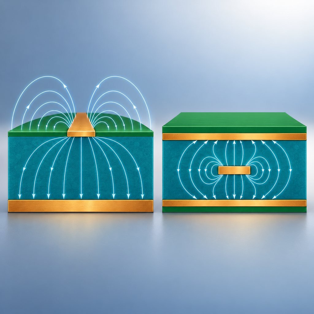 Microstrip and stripline PCB cross-sections side by side showing their different field patterns and reference planes