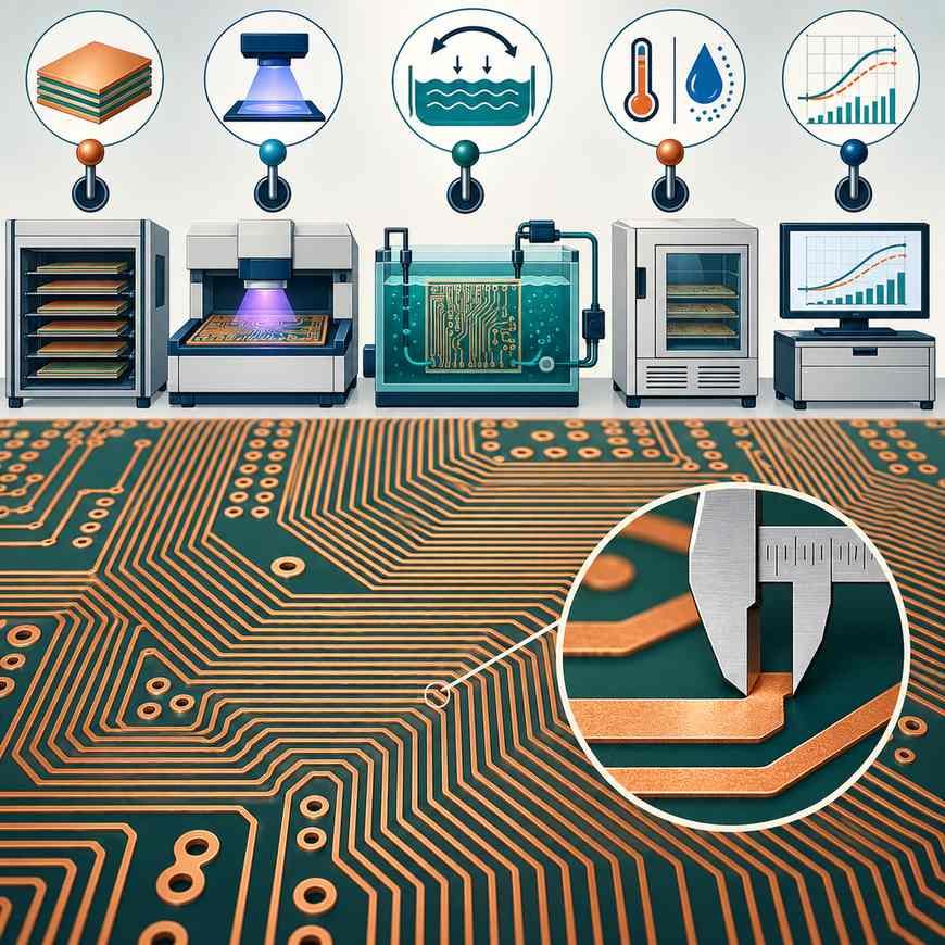 Five control levers for micron line width tolerance above a dense fine-line trace pattern with a magnified caliper measurement