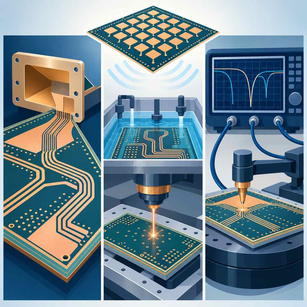Microwave PCB design, manufacturing and testing panels with an impedance-matched layout, etching and drilling, and an S-parameter test