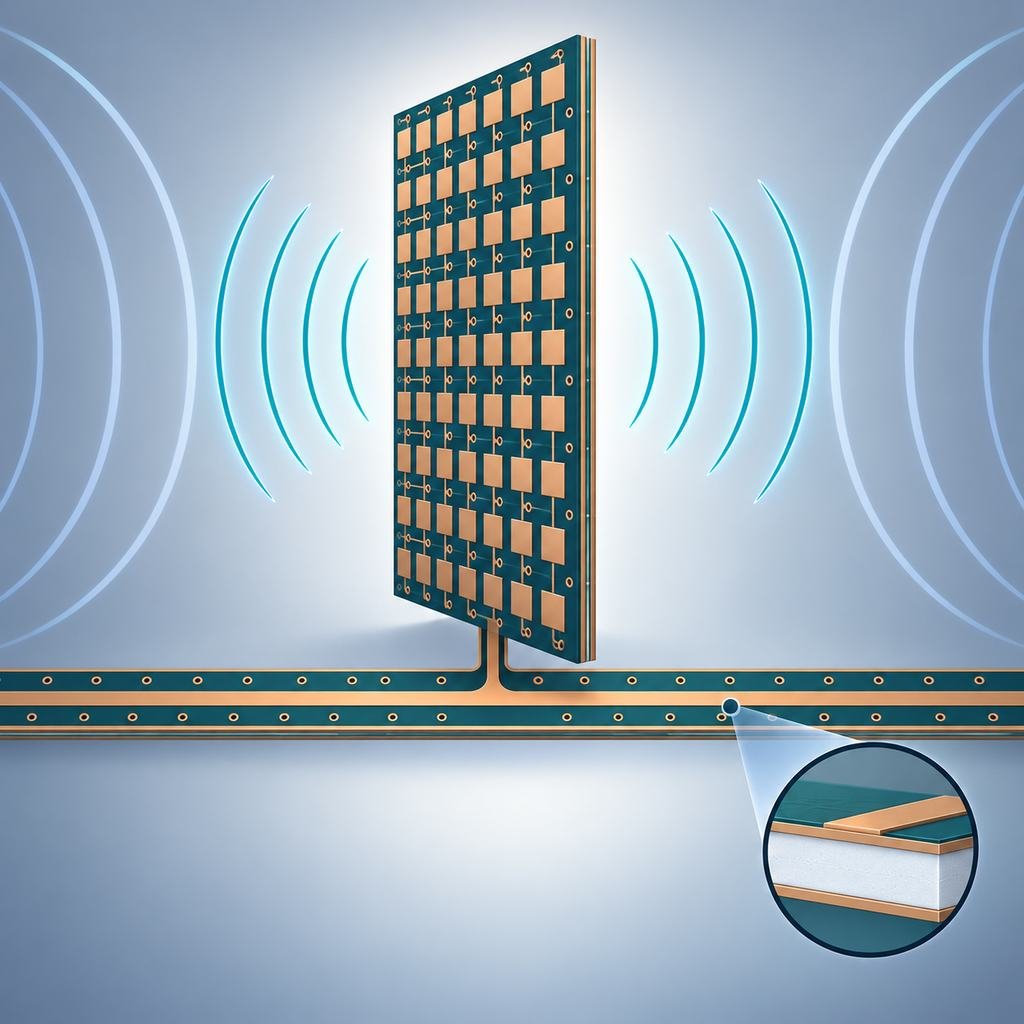 Millimetre-wave antenna array panel radiating tightly packed wave arcs above a flat low-loss line and a smooth PTFE core