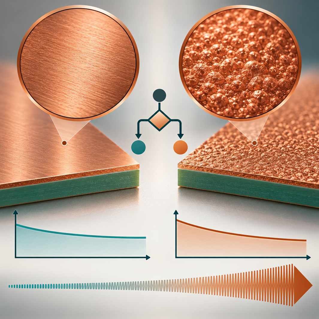 Low-roughness copper foil and reverse-treated foil surfaces magnified side by side above their loss curves and a frequency band strip