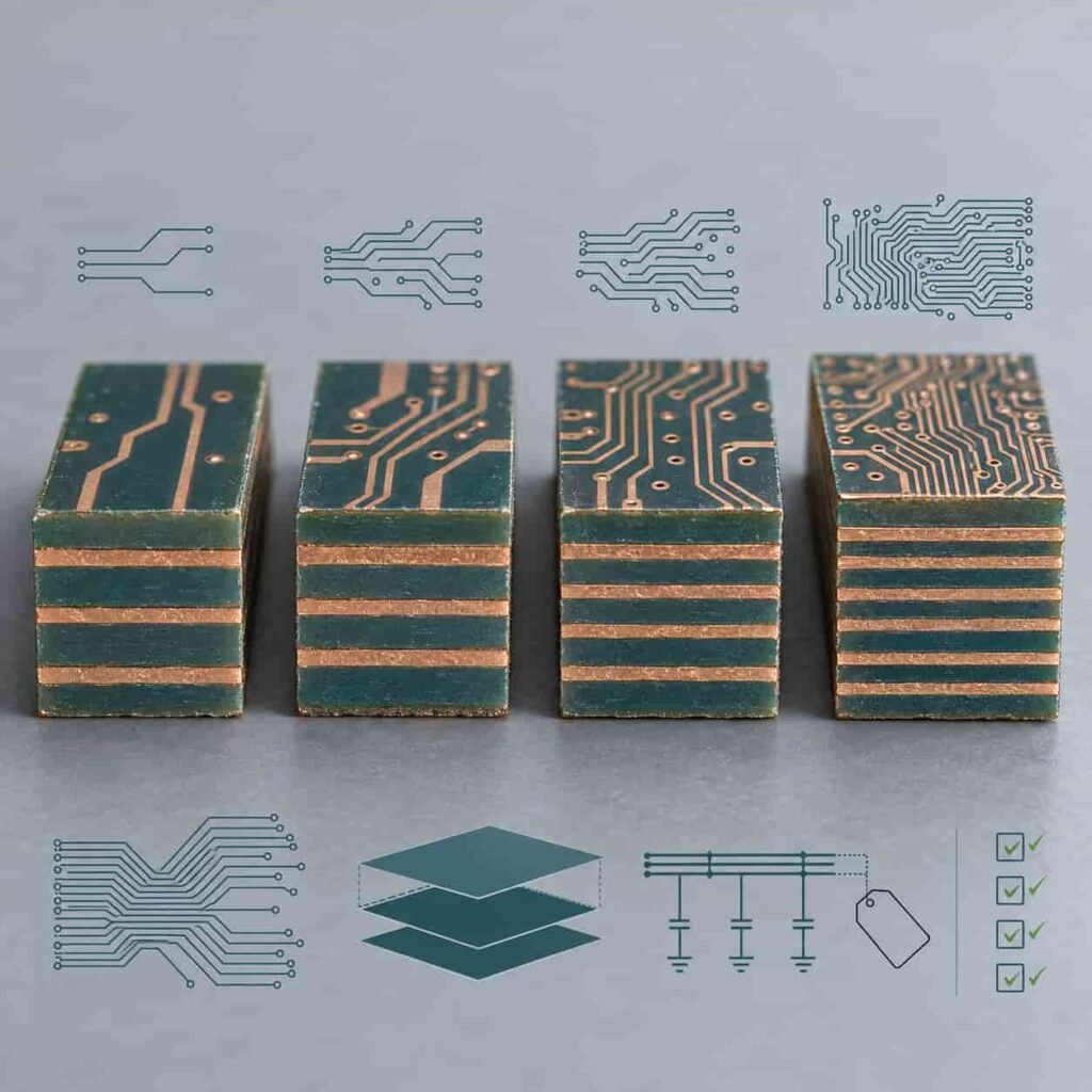 Multi-layer PCB Layer Count Design Principles 13 Four to eight layer PCB stack-ups in a row with routing density indicators and reference plane, power and cost drivers below