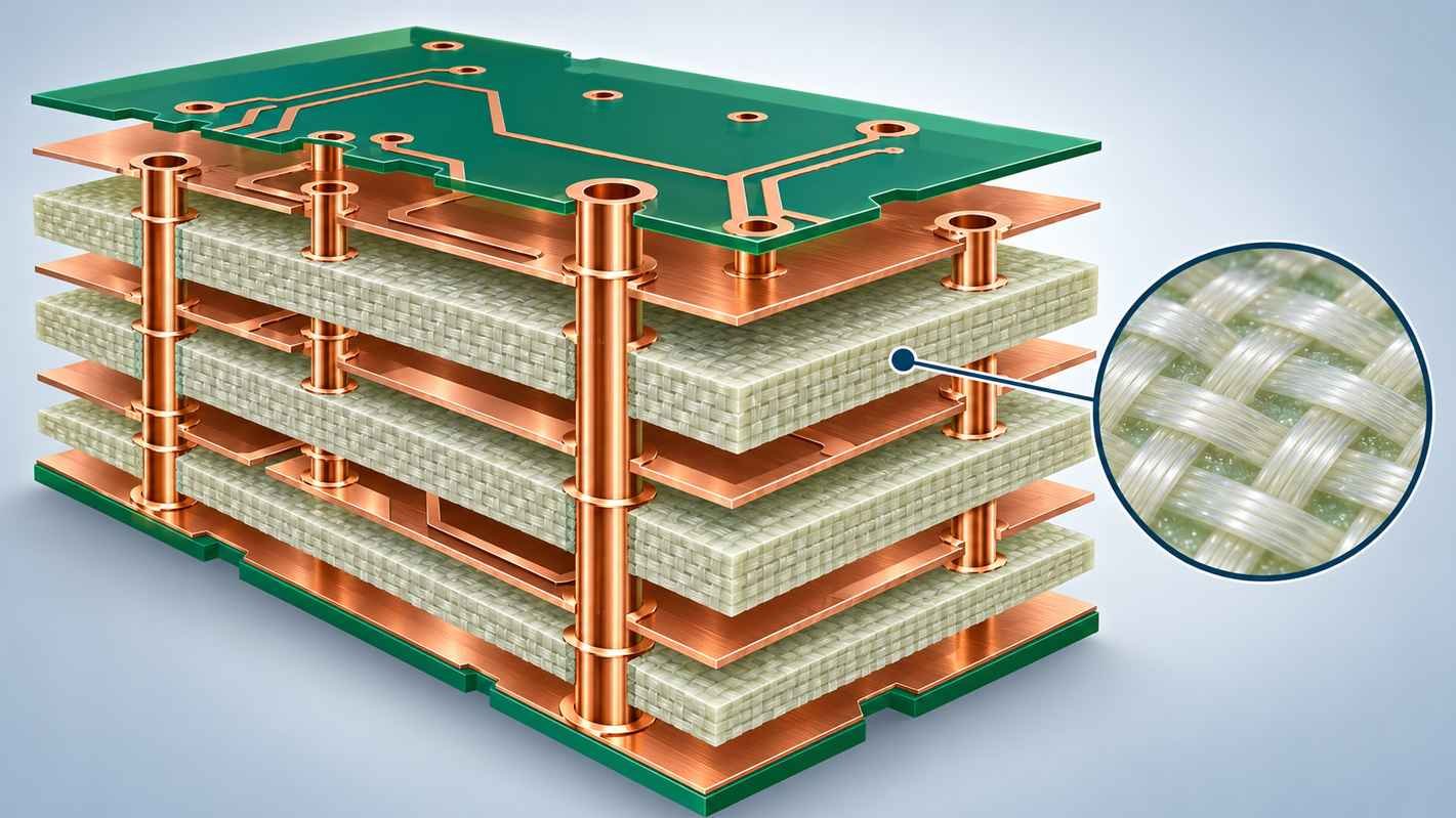 FR-4 and RO4250B PCB Lamination Processing Guide: Key Manufacturing Considerations for High-Frequency PCBs 1 Exploded cross-section of a multilayer FR-4 PCB showing copper layers, woven-glass dielectric and plated through-holes