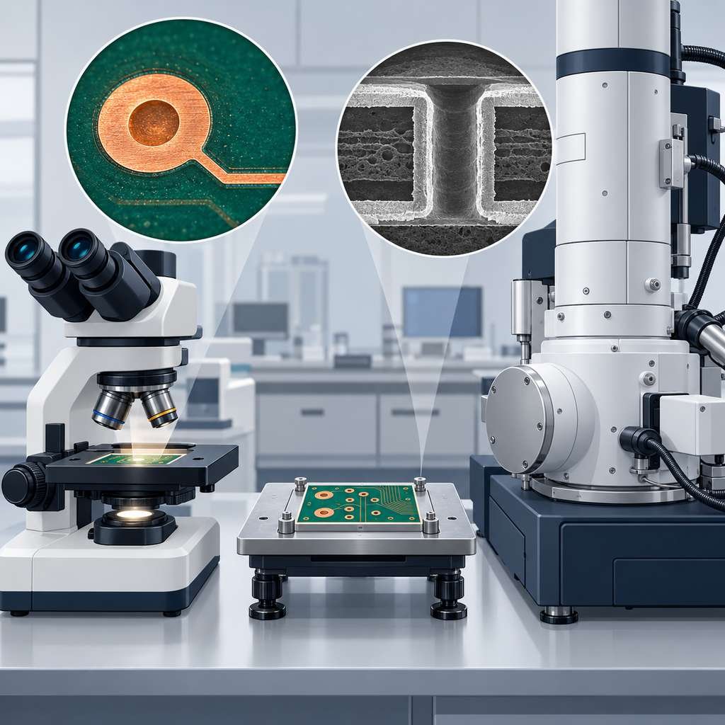 Optical microscope and electron microscope side by side with magnified BGA joint and micro-via cross-section views