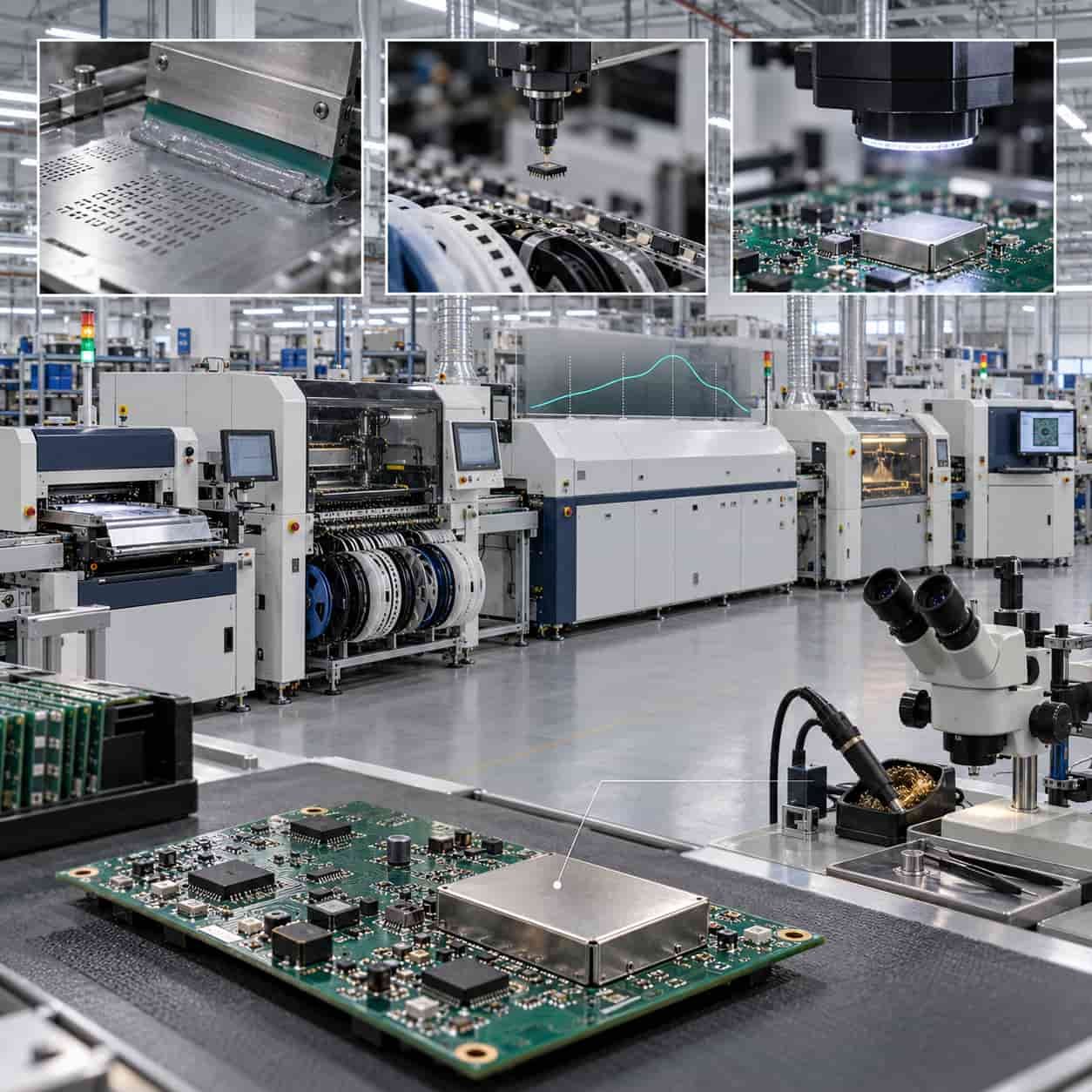 SMT assembly line from stencil printing and pick-and-place through reflow, wave soldering and AOI inspection, with a rework station and RF shield can