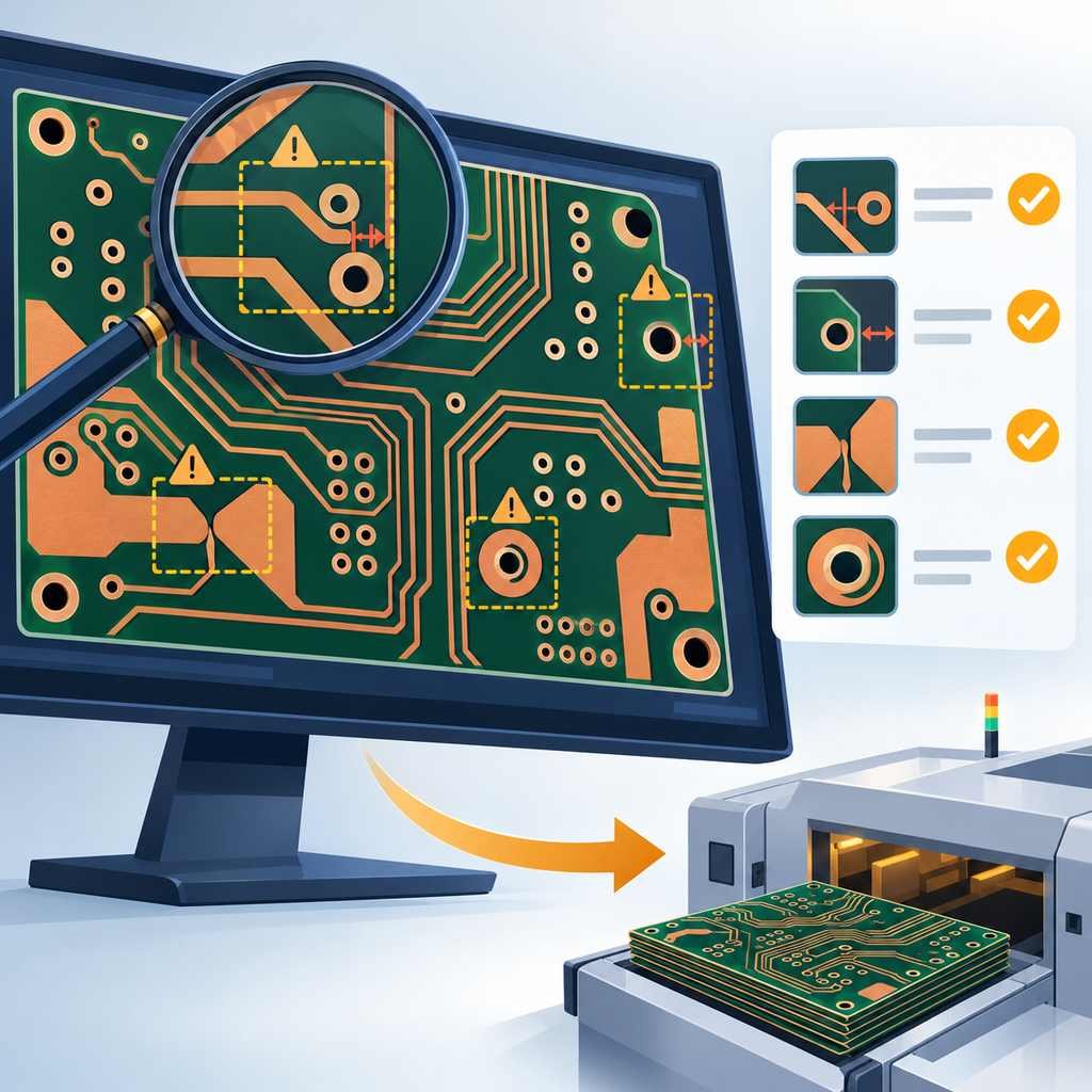 PCB layout with design rule check warnings on spacing, edge clearance, copper slivers and annular rings, beside a verification checklist