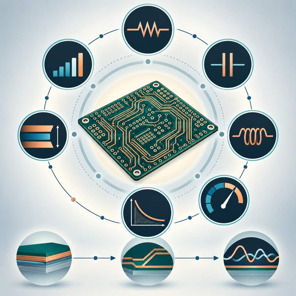 High-frequency board ringed by seven electrical parameter icons from resistance and capacitance to impedance, loss and dielectric constant