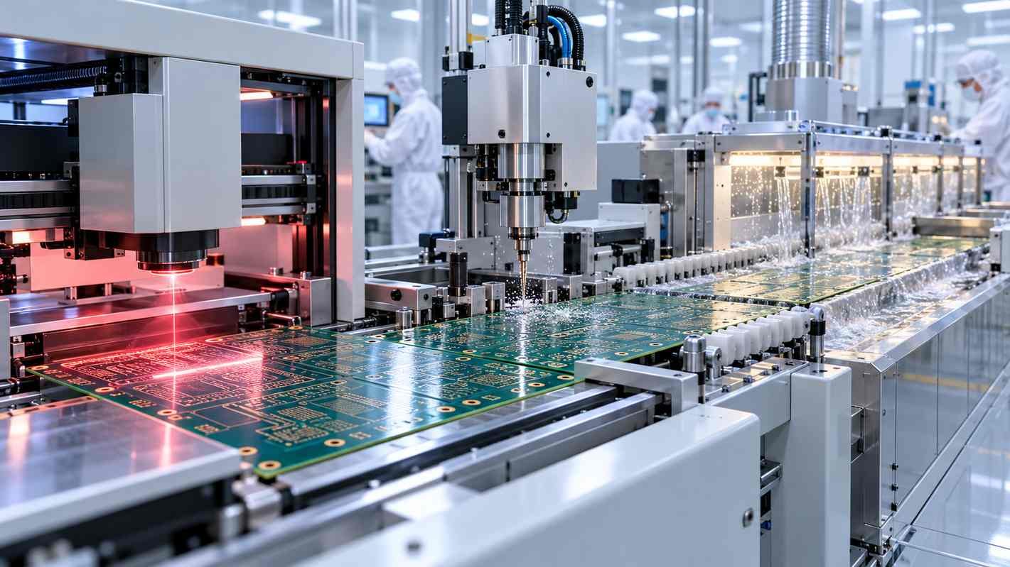High-frequency PCB panel passing through imaging, drilling and etching stages on an automated production line