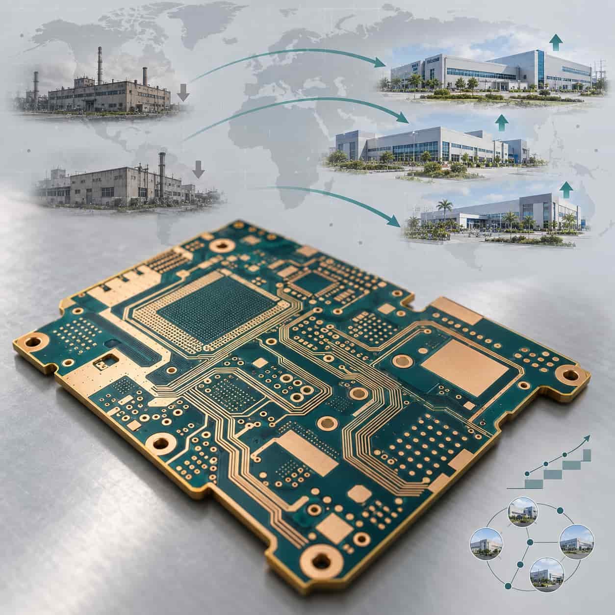 World map grid with fading and brightening PCB factory silhouettes, migration arrows and technology ladder for capacity relocation