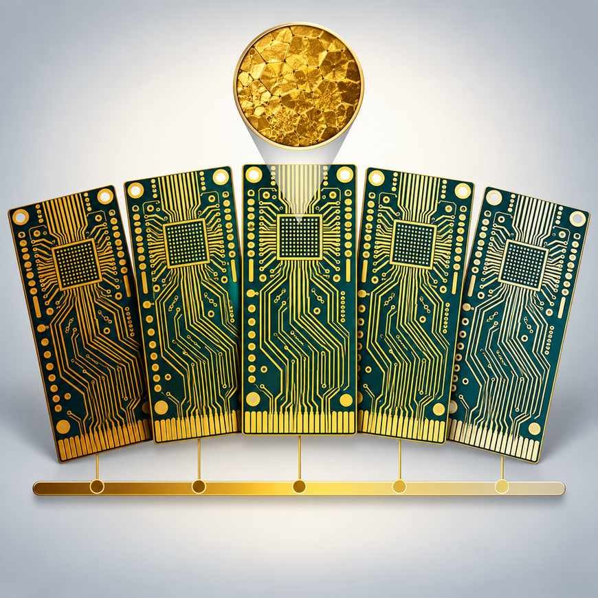 Five high-frequency PCB coupons comparing different gold surface finishes with a magnified grain texture