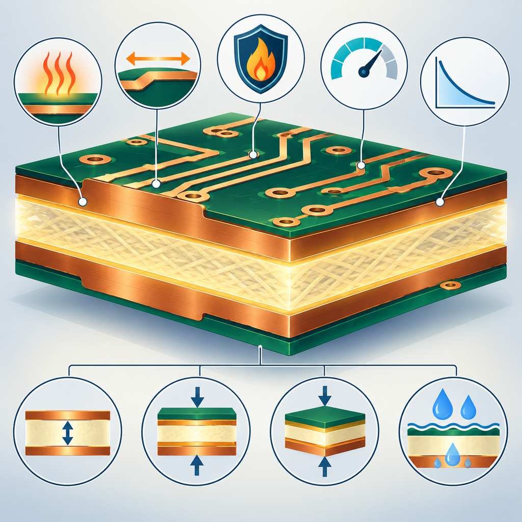 PCB cross-section highlighting the insulation layer between copper planes with callouts for heat, CTE, flame resistance and dielectric properties