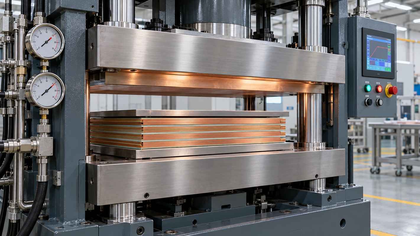 FR-4 and RO4250B PCB Lamination Processing Guide: Key Manufacturing Considerations for High-Frequency PCBs 2 Hydraulic lamination press closing on a stack of copper-clad panels during multilayer PCB fabrication