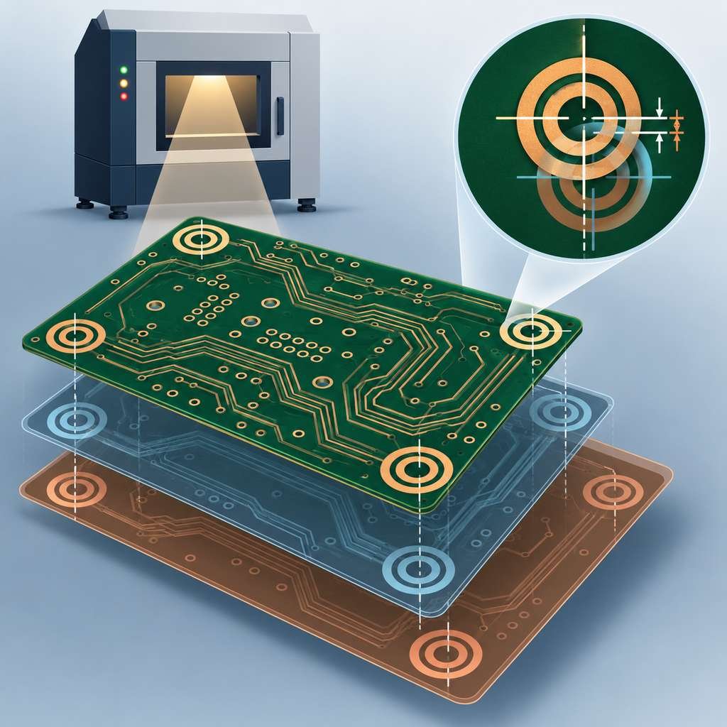Multilayer PCB with concentric X-ray registration targets showing inner layer offset, examined by an X-ray inspection cabinet