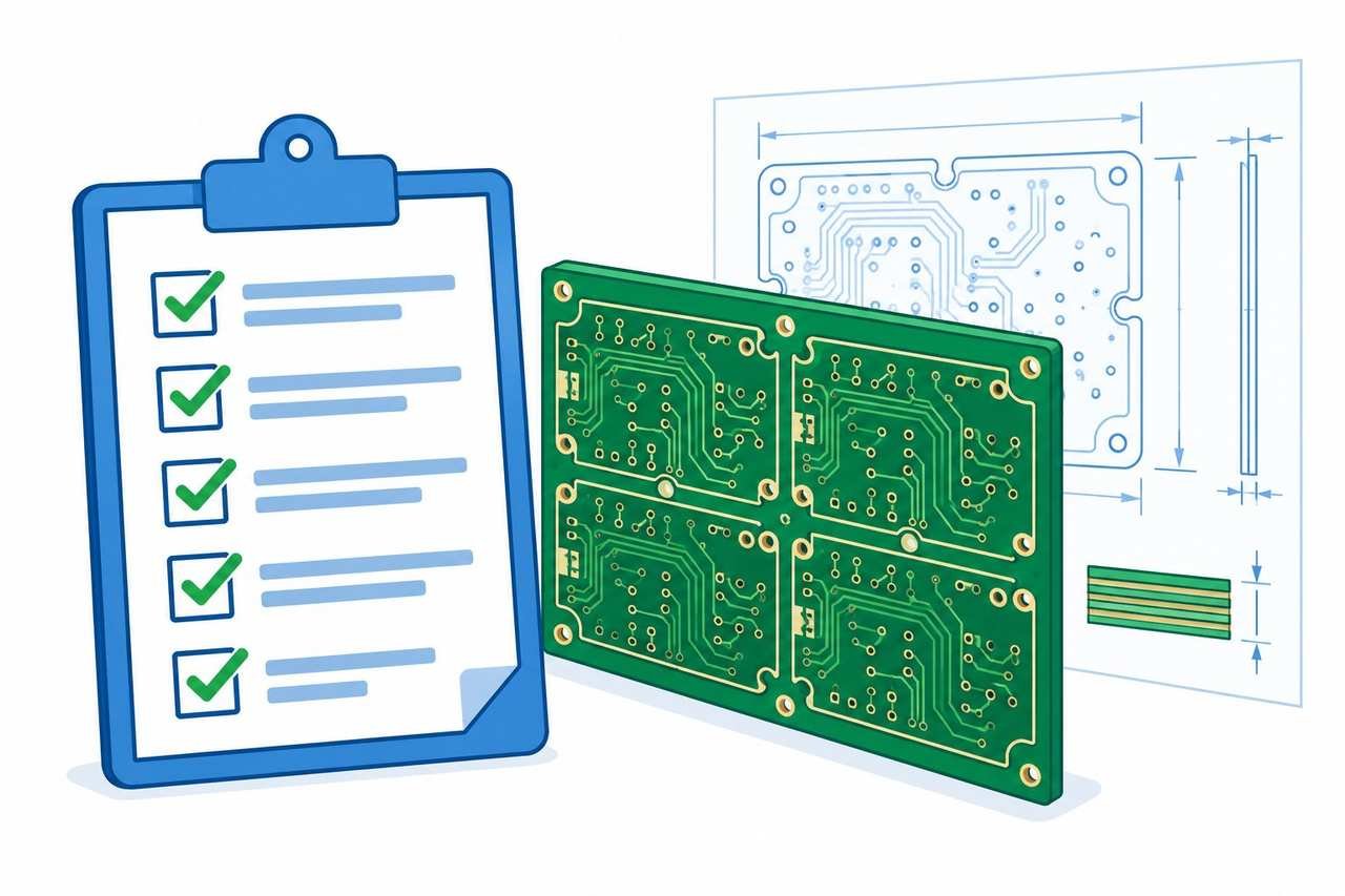 Bare multilayer PCB panel with fabrication checklist and engineering drawing