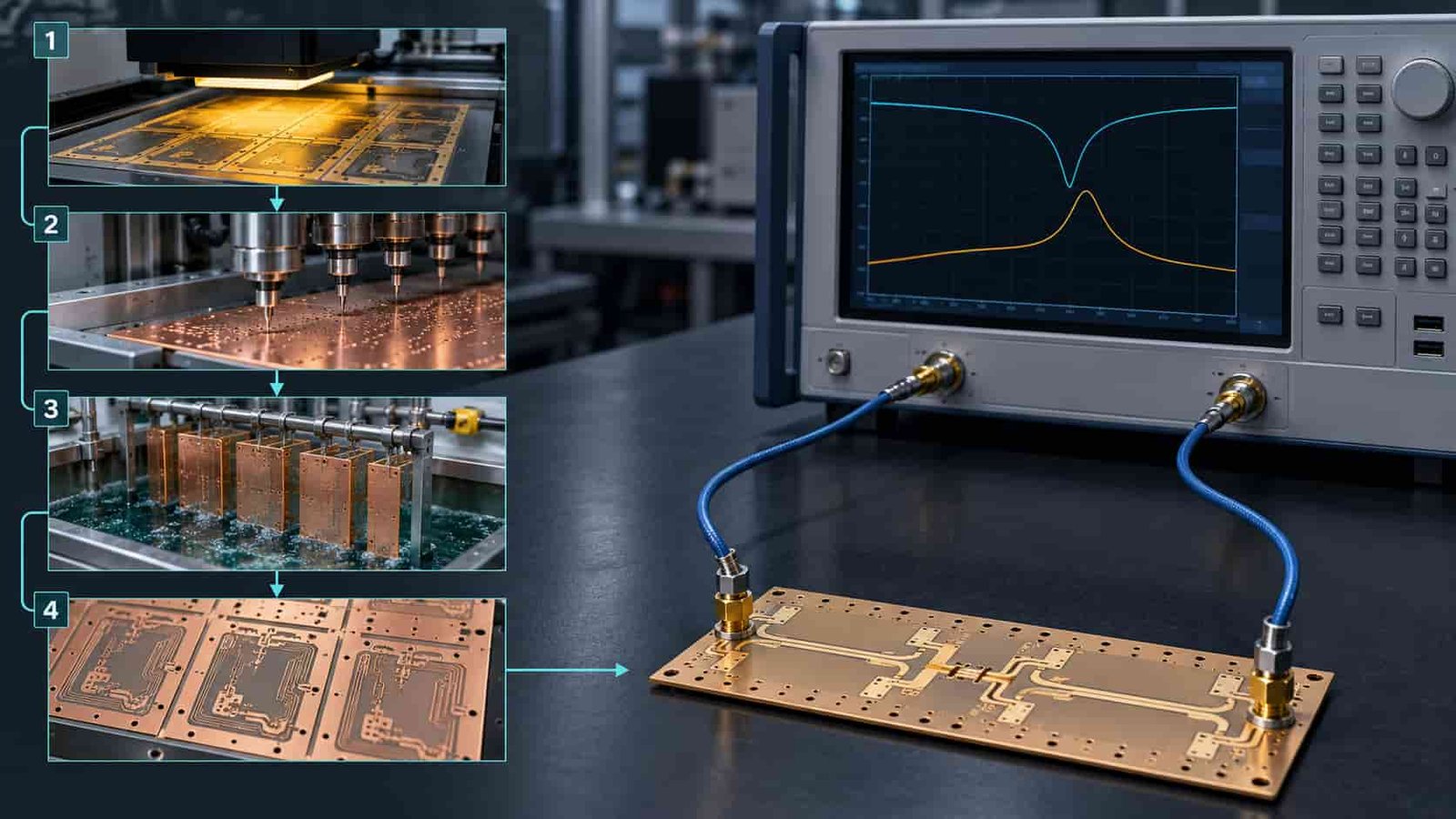 PCB fabrication and RF test process flow from imaging and plating to vector network analyser measurement
