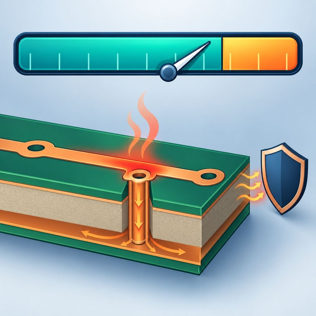 PCB current capacity bar with a needle in the safe zone and a board cross-section showing trace heating, thermal vias and a protection device