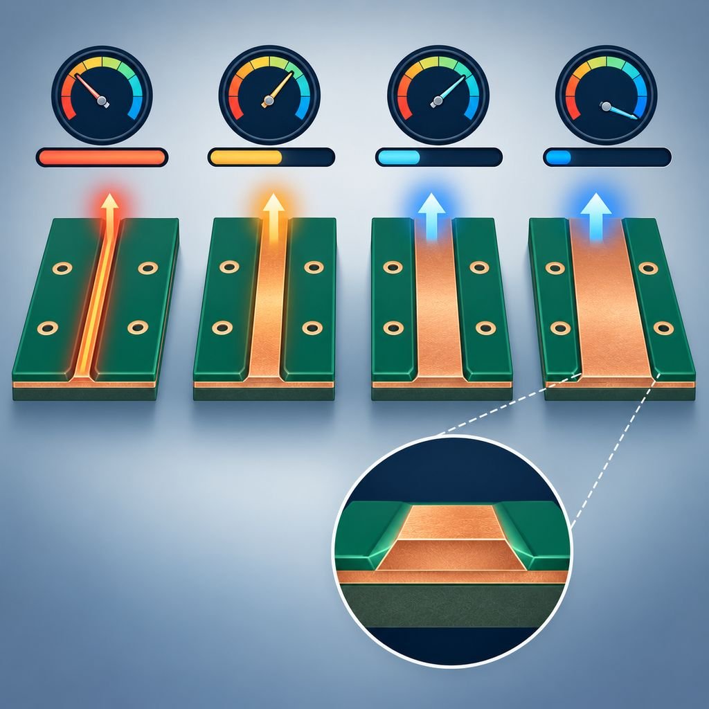 Four copper traces of increasing width carrying growing current, with an impedance dial, voltage bar and a magnified etched trace profile