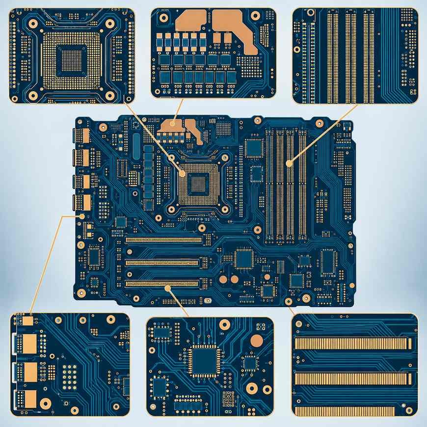 Exploded PCBA motherboard showing computing, power, bus, I/O, support and expansion functional blocks
