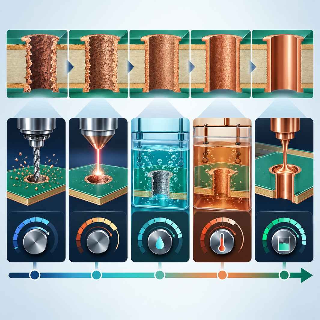 Five PTFE hole wall improvement methods as parameter cards with drilling, laser, chemistry, electroless copper and via filling dials