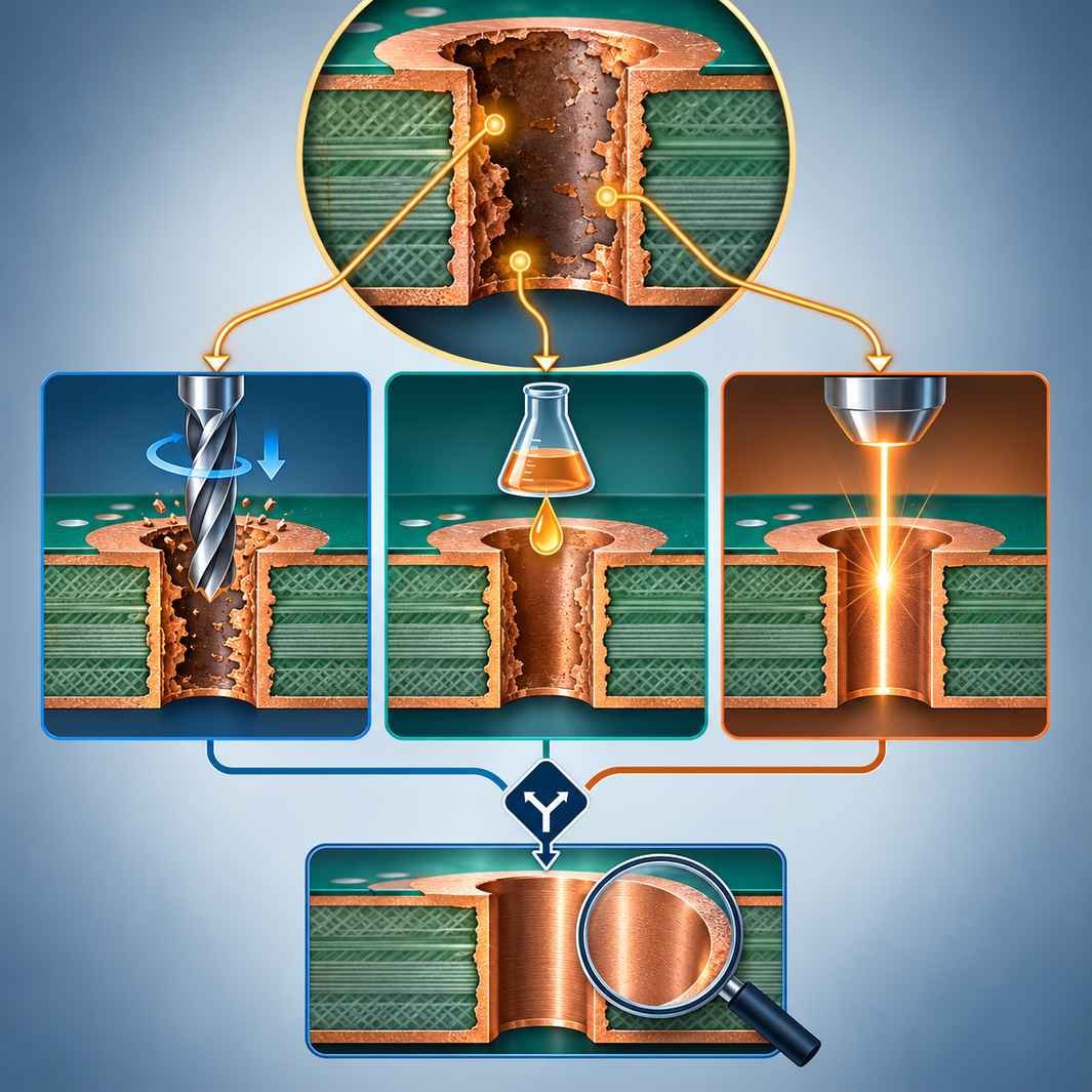 Three root causes of rough PTFE hole walls mapped to drilling, chemistry and laser countermeasure cards with a decision fork below