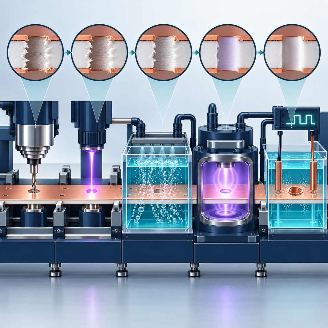 Five-station PTFE hole wall quality chain from drilling and laser drilling through chemical etching, plasma treatment and pulse plating