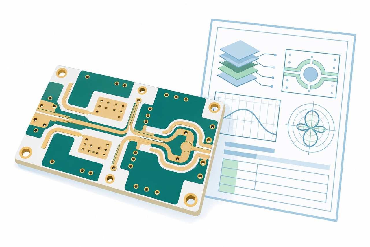 Bare PTFE microwave PCB with specification sheet and stackup diagram