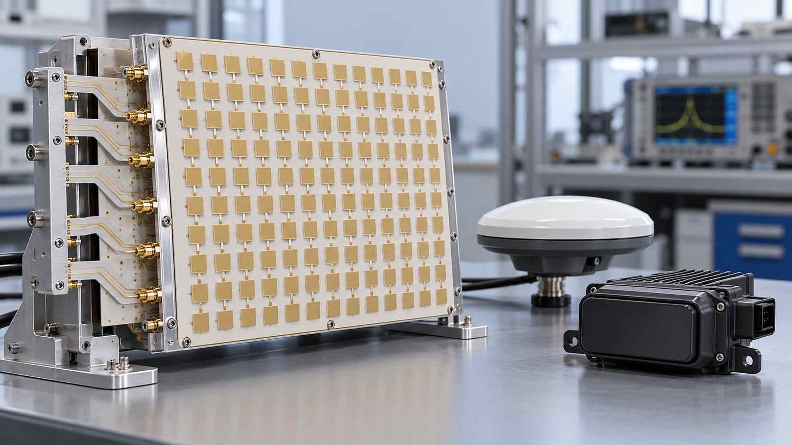 RF-35TC based 5G phased-array antenna module with satellite navigation receiver and automotive radar unit