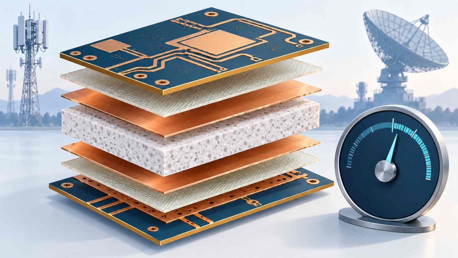 Exploded multilayer stack with a ceramic-filled PTFE RF-35TC core between copper layers and a dielectric-constant dial