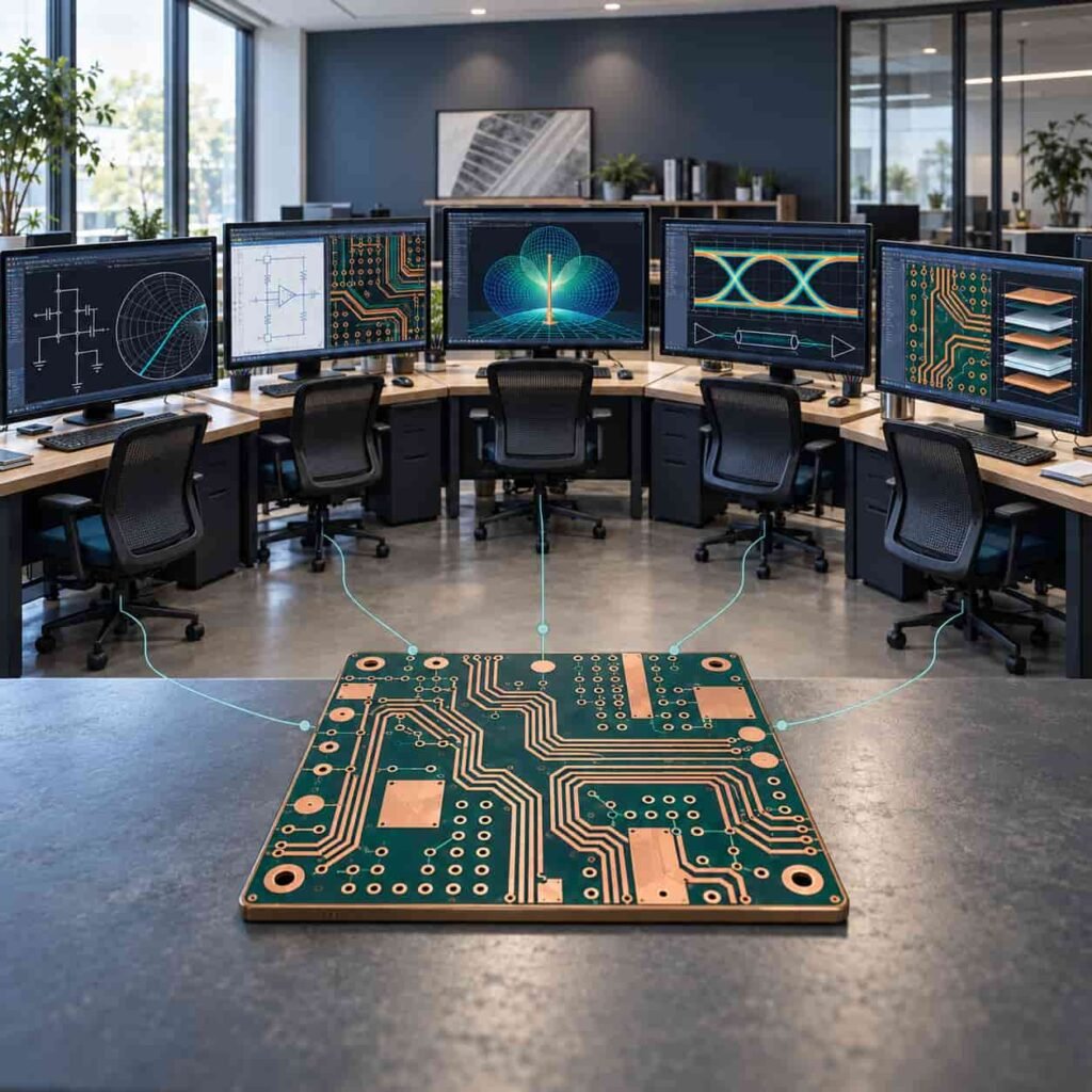 Five RF design workstations showing schematic, layout, 3D electromagnetic simulation, signal integrity and board editing around a shared high-frequency board