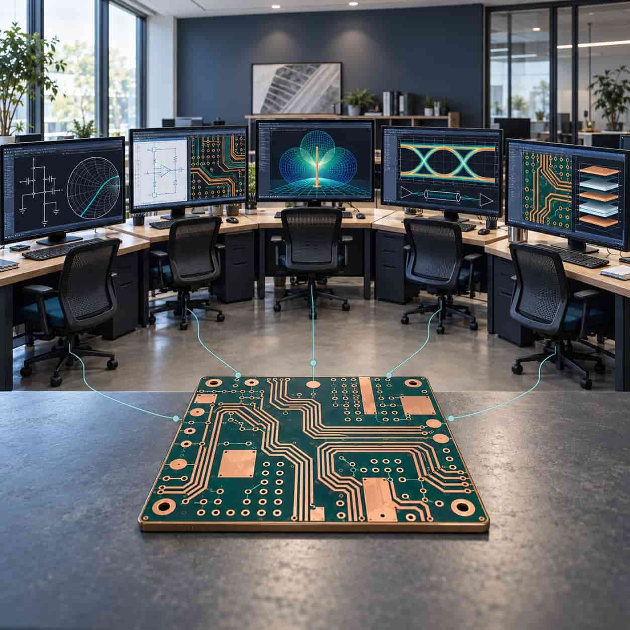 Five RF design workstations showing schematic, layout, 3D electromagnetic simulation, signal integrity and board editing around a shared high-frequency board