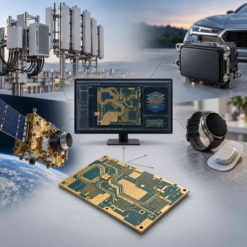 Three-axis tool selection diagram with 5G, automotive radar, aerospace and consumer medical application clusters linked to a design tool window