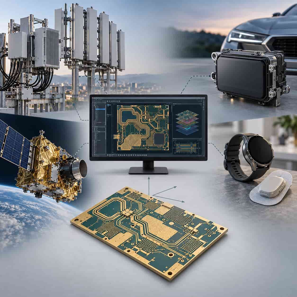 Three-axis tool selection diagram with 5G, automotive radar, aerospace and consumer medical application clusters linked to a design tool window