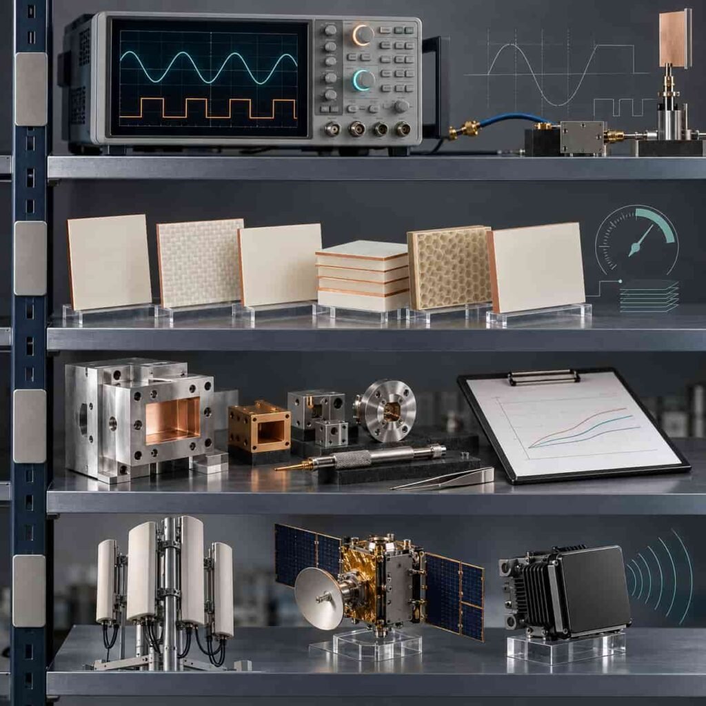 RF and Microwave Terms in PCB design and manufacturing 4 Four glossary layers for RF microwave PCB terms covering frequency and signal, material and impedance, manufacturing and test, and system level