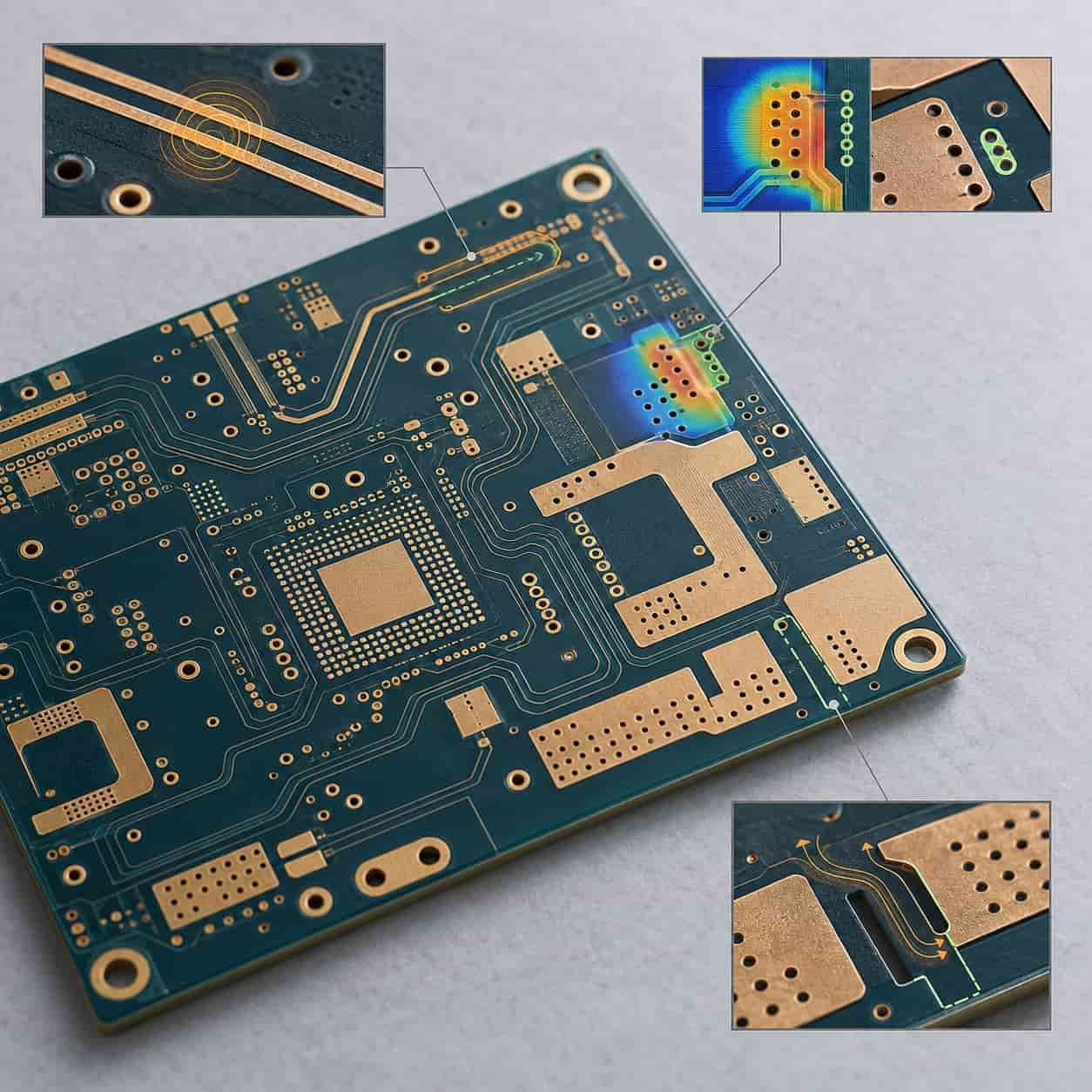 RF PCB layout with five highlighted design mistakes for impedance, return path, crosstalk, thermal and skipped simulation, each with a fix icon