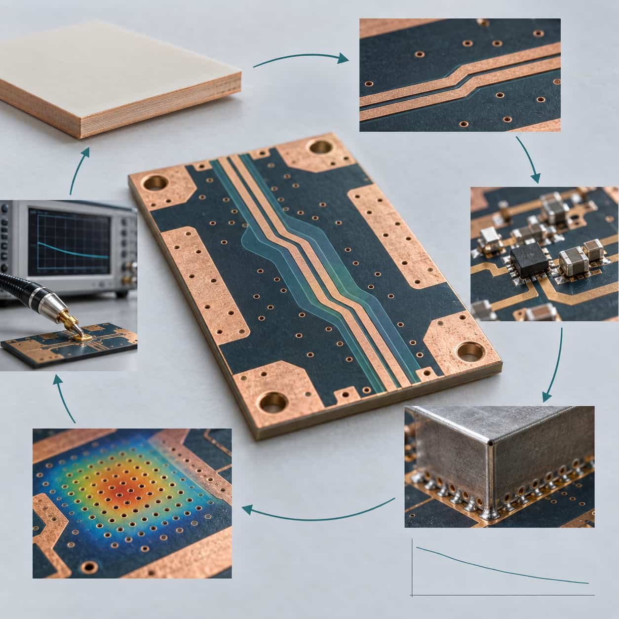 Six-step RF PCB design ring from material and transmission lines through placement, grounding, thermal and validation