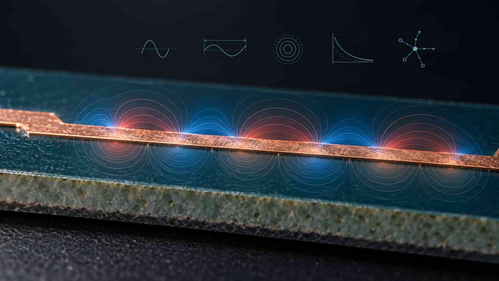 Microstrip transmission line with RF field lobes and icons for frequency, wavelength, skin depth and loss terminology