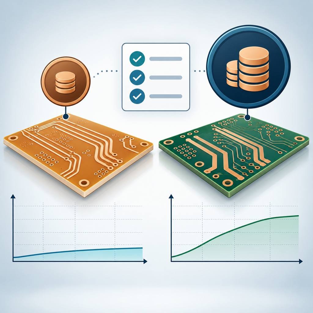 Ceramic-filled high-frequency board beside a green FR-4 board with cost tags and a three-step reliability checklist