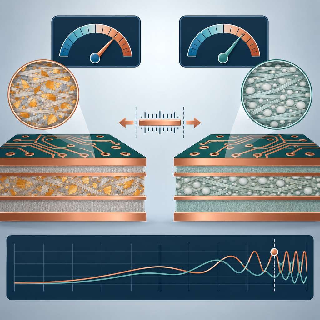 RO4350B and RO4003C laminate cross-sections under dial panels with filler textures, thermal expansion symbol and a high-frequency axis