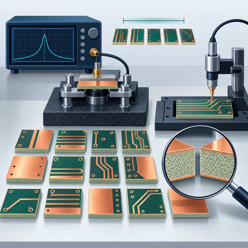 Laminate sample coupons being measured on resonance and transmission-line fixtures with a batch consistency bracket