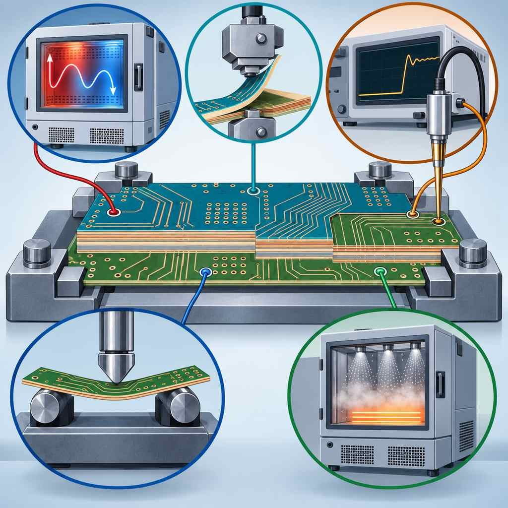 Hybrid RO5880 and FR-4 multilayer board surrounded by five reliability test stations for thermal, peel, signal, mechanical and environmental testing