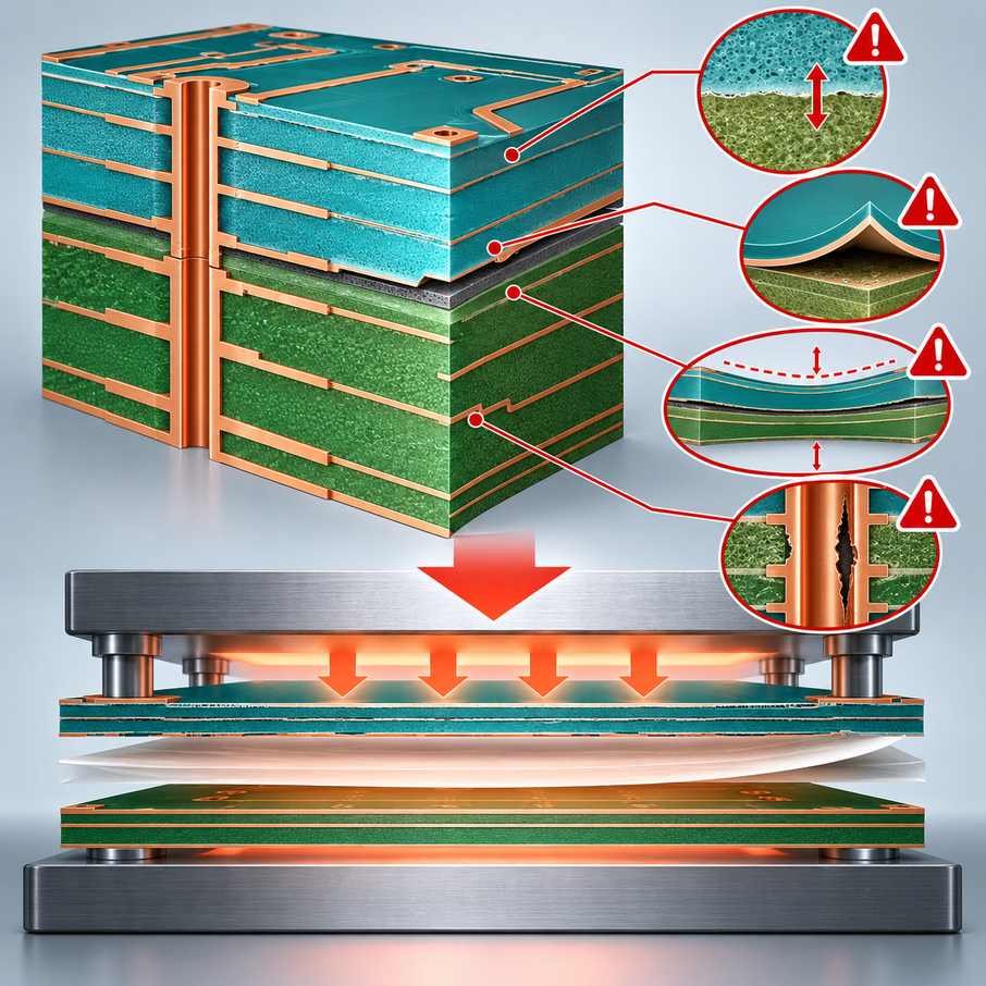 RO5880 and FR-4 hybrid stack cross-section with four interface warning markers for dielectric mismatch, weak bonding, warpage and plating voids