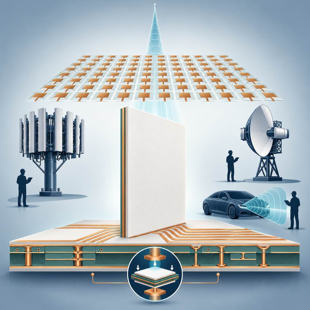RO5880 laminate panel with a uniform antenna array grid, a narrow long-range beam and MIMO, radar and backhaul silhouettes