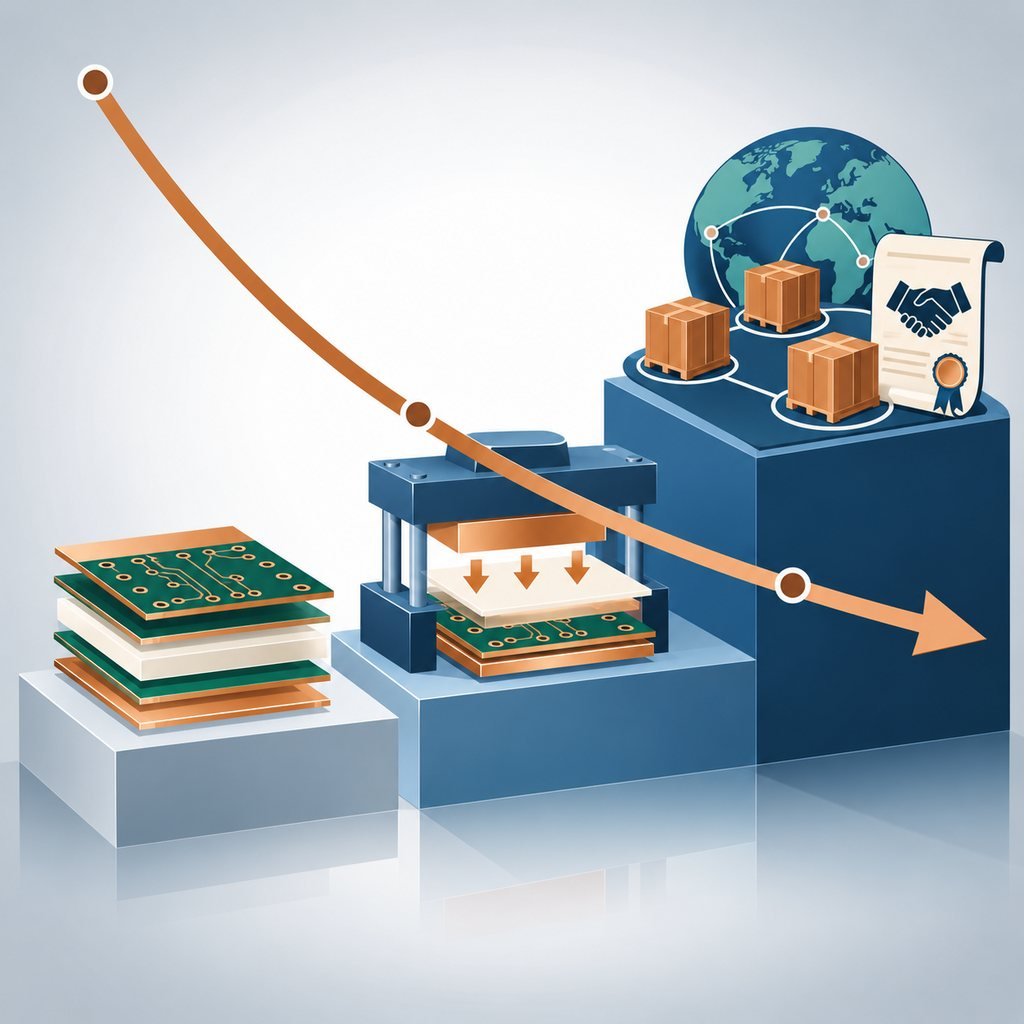 Three-phase cost control staircase for RO5880 boards: simplified stack-up, hybrid lamination and supply chain leverage, crossed by a falling cost curve